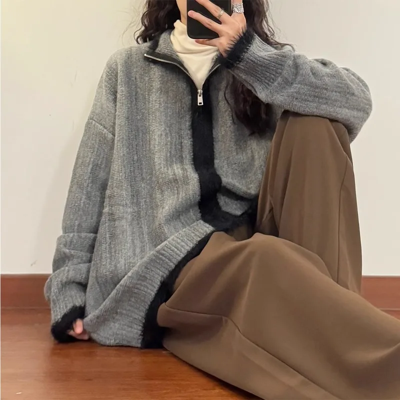 الأمريكية الرجعية المتخصصة سستة تصميم المتناقضة اللون سترة متماسكة سترة سترة الرجال والنساء الخريف أزياء العلامة التجارية الأعلى #4