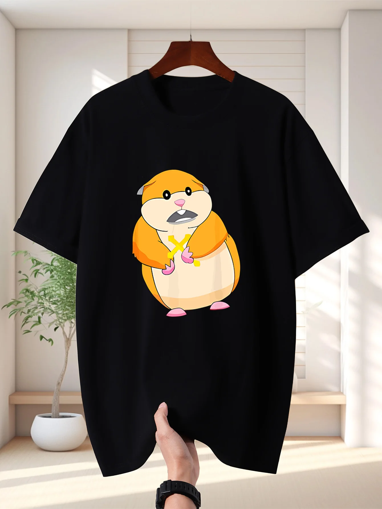 Men T Shirt Cute Chubby Hamster Cartoon Graphic Tee Funny Pet Print Short Sleeve O Neck Loose Casual Tops Summer Streetwear