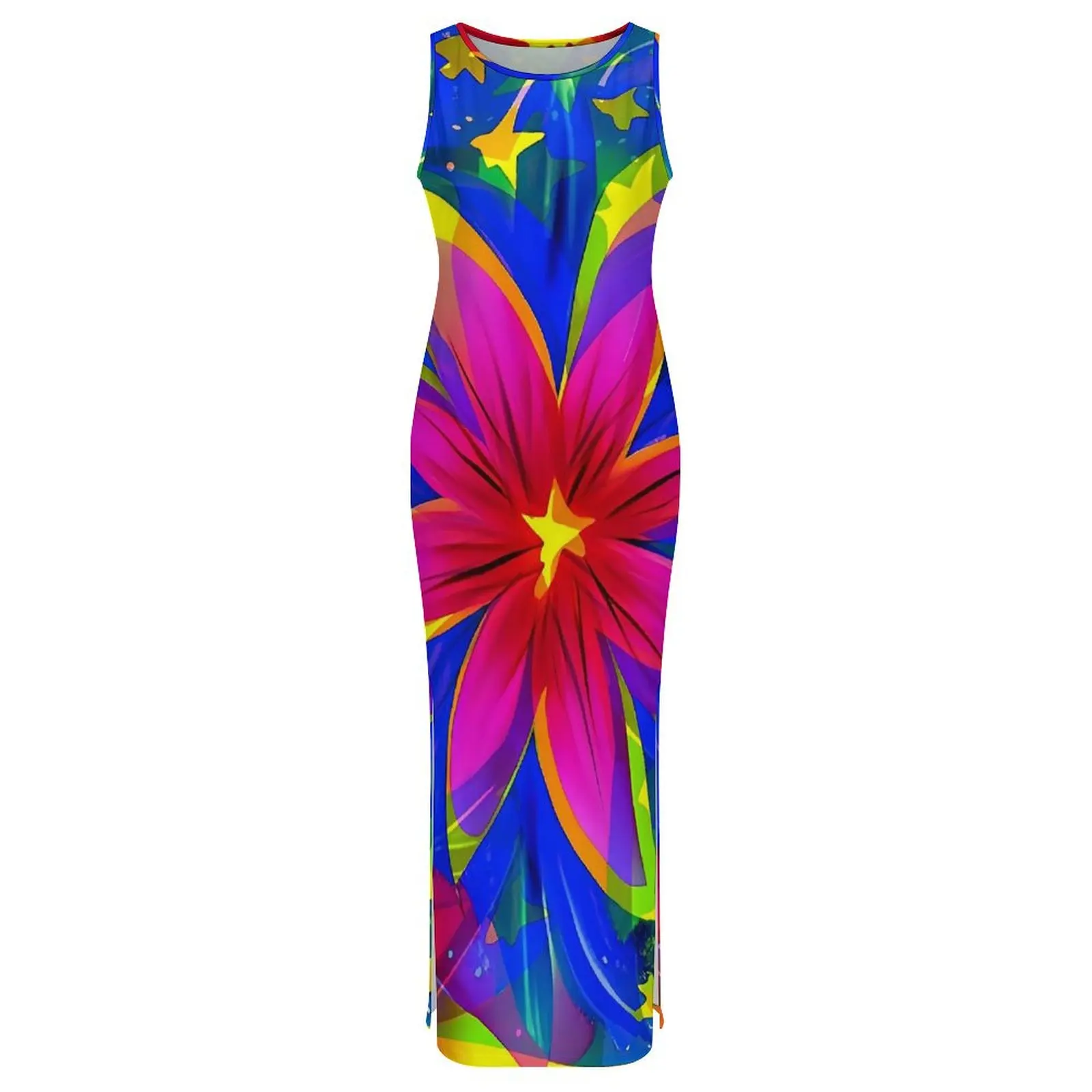 Abito floreale hawaiano senza maniche Flower Power Style Street Style Maxi abiti Elegante abito aderente Lady Graphic Vestido oversize