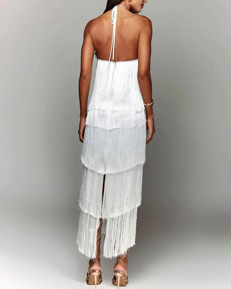 Damen Neckholder-Kleid mit Fransen, Rückenausschnitt und Schlitz, Geburtstagskleid, Abendkleid, Partykleid, Date-Night-Kleid, Elegantes Sexy Langes Kleid, Abendgarderobe – Detail 7