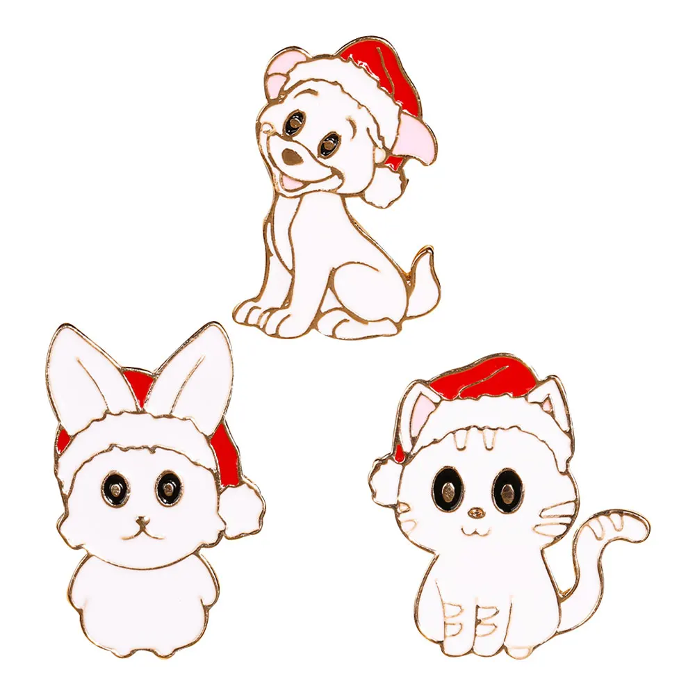 Cute Rabbit Dog Cat Wear Christmas Hat Enamel Brooches White Puppy Bunny Kitty Pins For Bag Backpack Clothes Xmas Gift Wholesale
