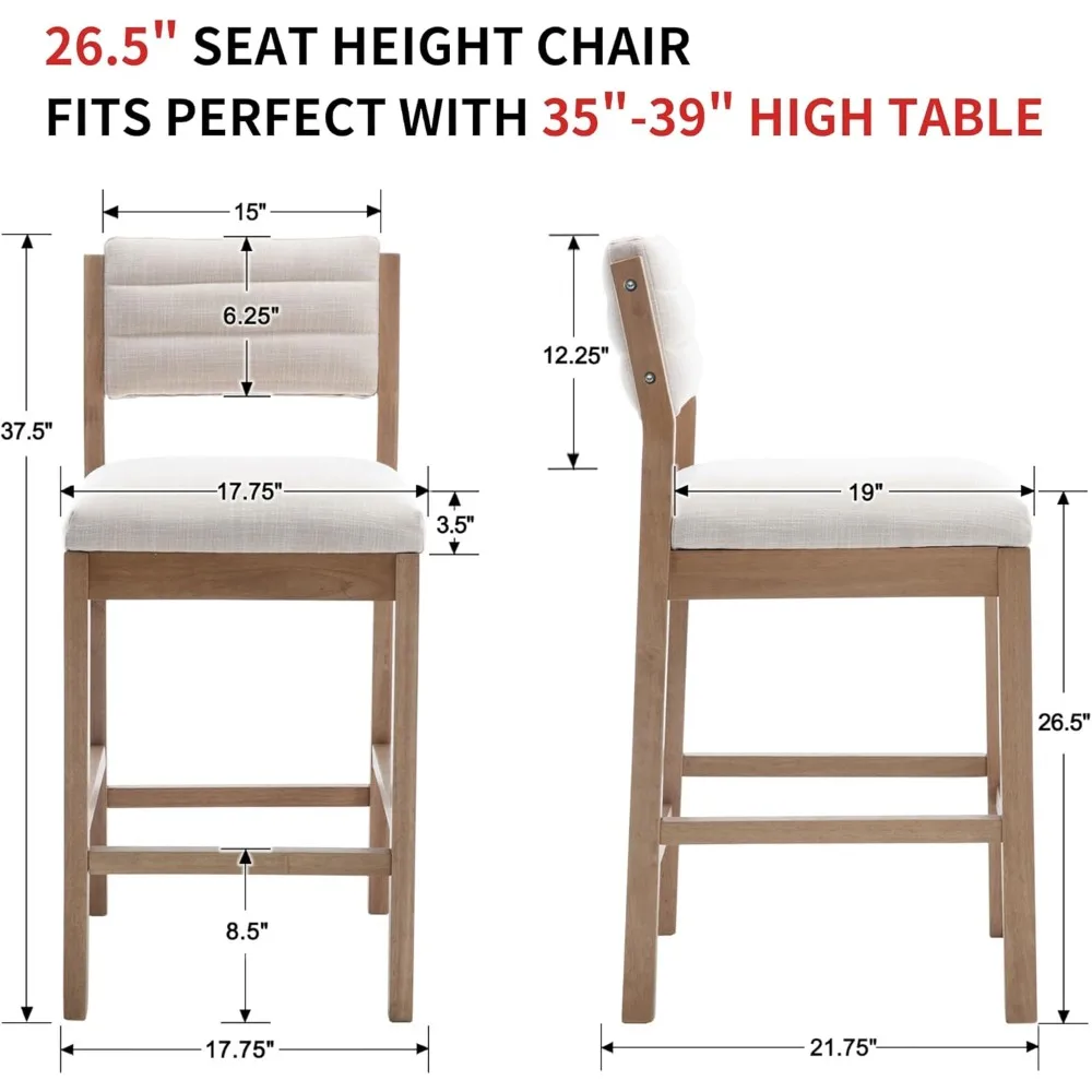 26 مقعد بار، مجموعة من 2 مقعد مرتفع لعدادات المطبخ، مع مساند ظهر وأرجل خشبية مصنوعة من الكتان #2