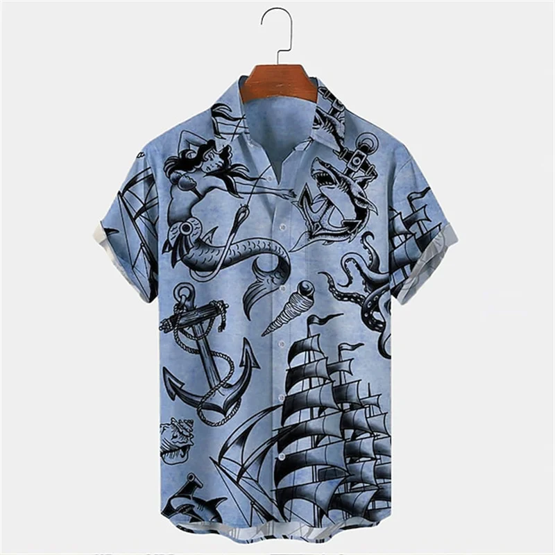 Men\'s Vintage Mermaid Print Shirts Boat Anchor Print Button Shirts Summer Ocean Element Shirts Men\'s Hawaiian Leisure Shirts