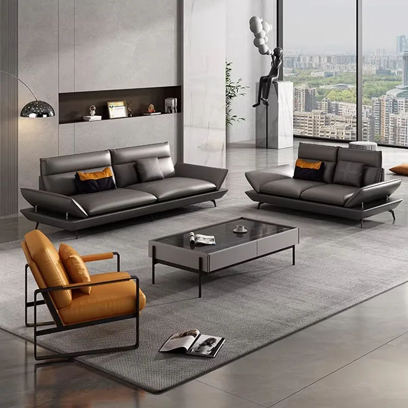 Italian Leather Office Minimalist Modern Business Reception Meeting and Negotiation Three-person Adjustable Sofa Set