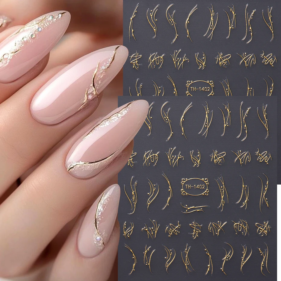 2pcs Golden French Line Nail Art Sticker Irregular Stripes Line Nail Art Decals Self-Adhesive Slider Charms Manicure Accessories