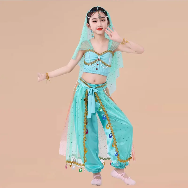 Arabische Nobele Prinses Buikdans Kostuum Set Meisje Indian Bollywood Festival Jasmijn Cosplay Podiumvoorstelling Rave Suit Dancewear