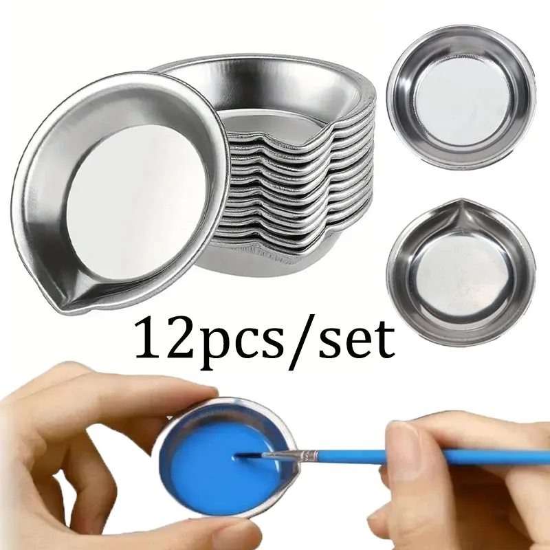 12PCS/SET Stainless Steel Small Round Paint Tray Paint Mixing Palette Tray，Suitable for Mixing of Various pigments