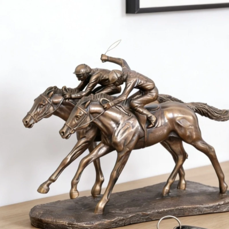 Luxury Horse Racing Statue Vintage Bronze Finish Jockey Sculpture Resin Equestrian Figurine Home Office Desk Decor Sports Gift