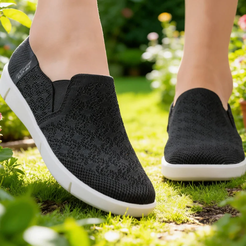 Sapatos femininos Skechers com fundo macio, malha respirável, sapatos esportivos, sapatos casuais femininos autênticos, sapatos para mães 100426-BLK