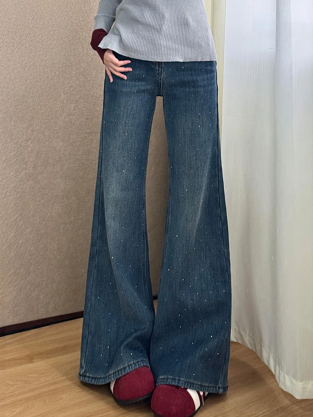 Retro Star Rhinestone Flared Jeans Women's New plus Size Loose Slimming High Waist Bell Bottom Long Trousers Casual Style Zip...