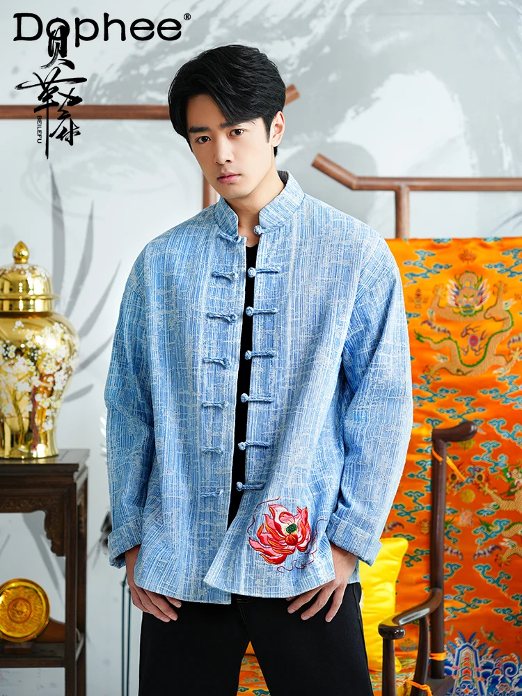 

Men's Embroidered Lotus 2024 Spring Long Sleeve Single Row Multi-Buckle Shirts Loose Comfortable Cotton Shirt Casual Shirt