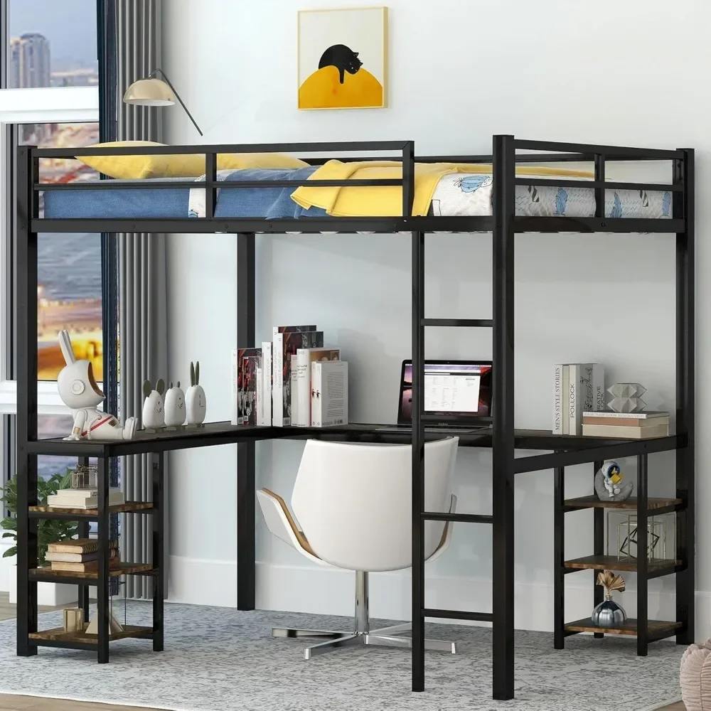 Dormitory Beds, Full Size Loft Bed with Desk and Storage Shelves, Heavy Duty Loft Bed Full Size with L-Shaped Desk and Ladder