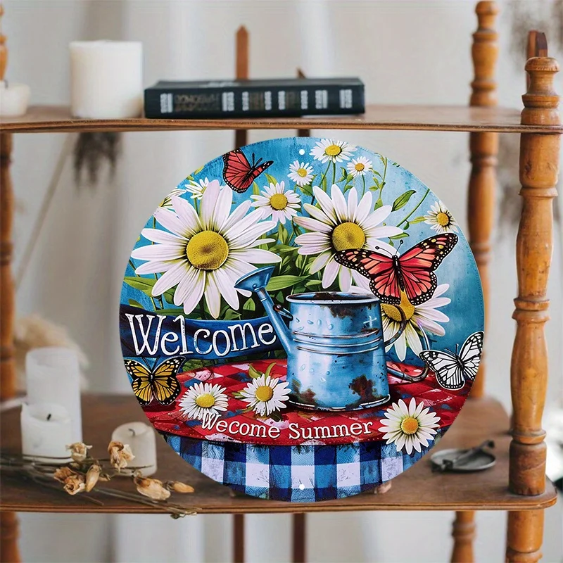 2D Flat, 1pc Welcome Summer Metal Sign - Rustic Farmhouse Door Hanging Decor with Floral Wreath, Blue Bucket, Waterproof HD Prin
