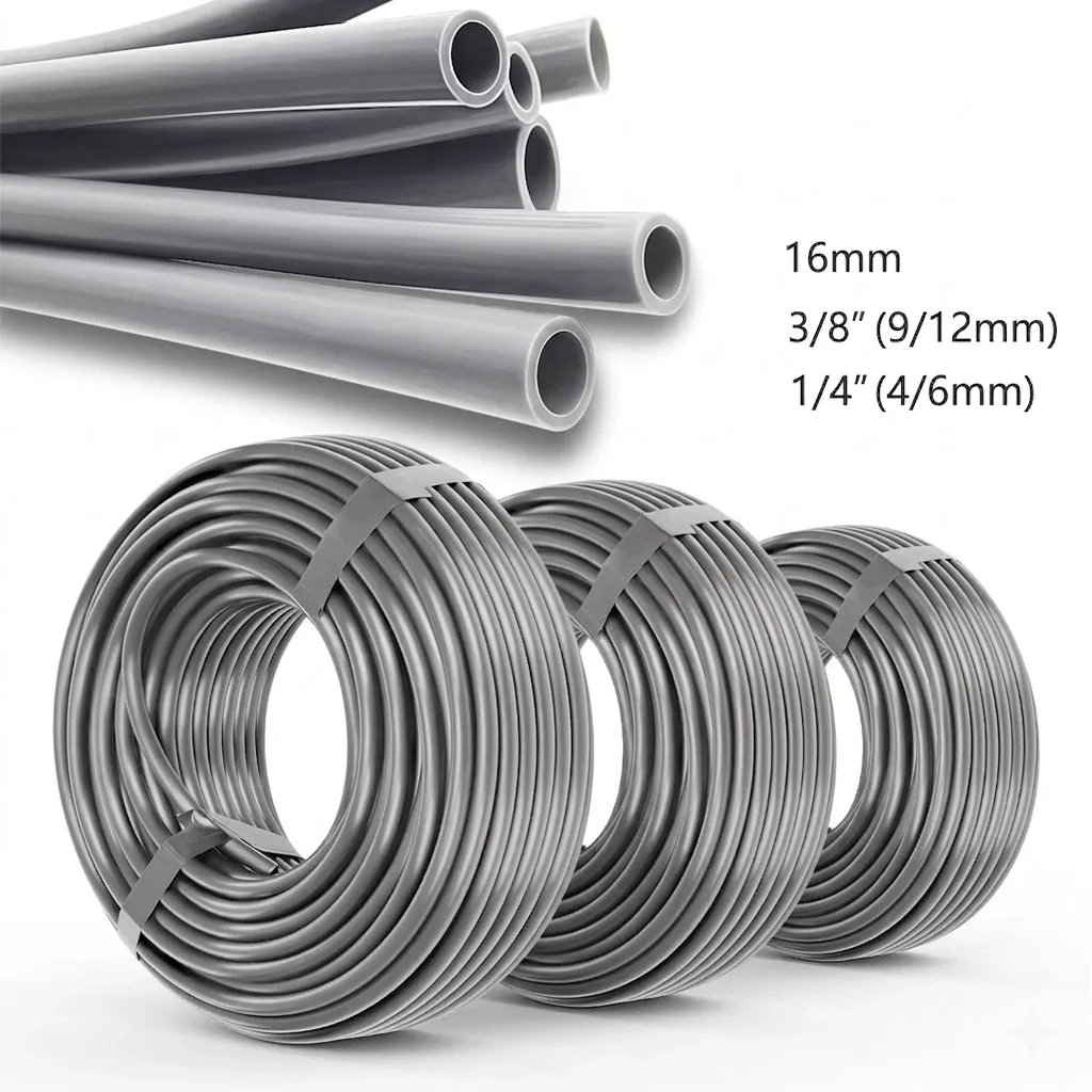 Home Garden Greenhouse Drip Irrigation Pipe Gray PE Hose 1/4 3/8 1/2 Inch 10M 20M 30M OD 6mm 12mm 16mm Watering Tube Kit