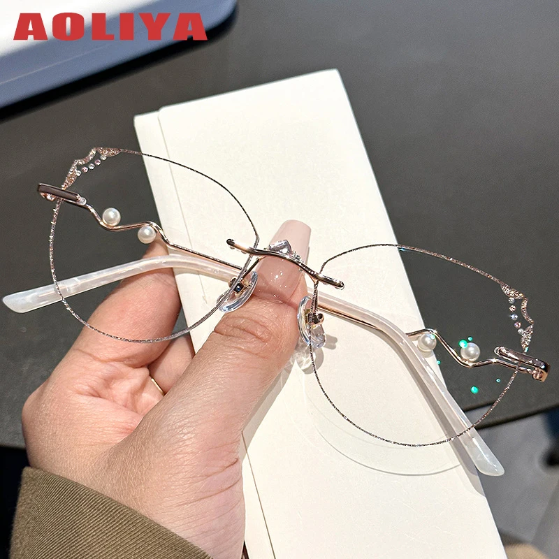 

AOLIYA Women's Fashion Luxury Rimless Glasses Cat Eye Glasses Butterfly Spectacle Optical Prescription Frames Girls