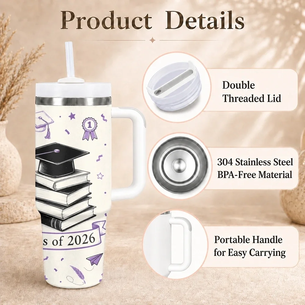 Grad Faith Affirmations Vacuum Flasks 40oz Stainless Steel Insulated Tumbler With Handle & Straw Leakproof Travel Mug