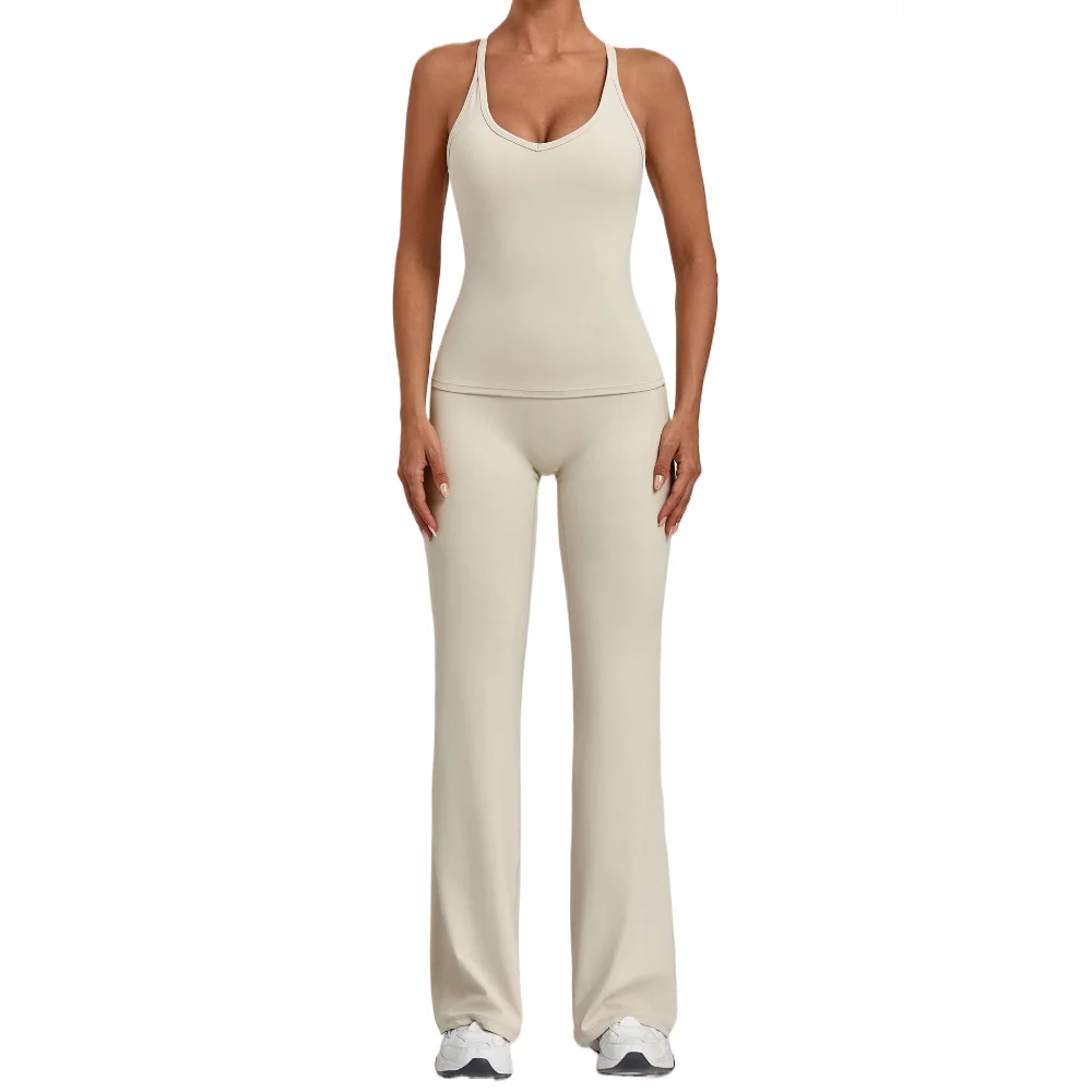 Women Yoga Set 2Pcs V Neck Racerback Tank Removable Bra Pads High Waist Flare Legging Naked Feel Quick Dry Gym Running Tracksuit