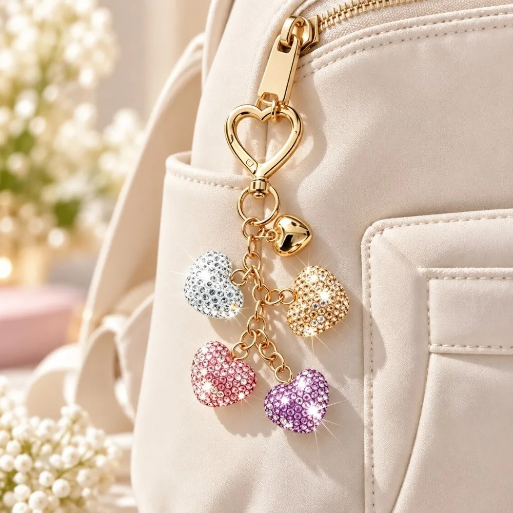 Sweet Layered Crystal Heart Rhinestone Keychain Bling Diamond Bag Pendant Portable Creative Backpack Pendant for Women Girl