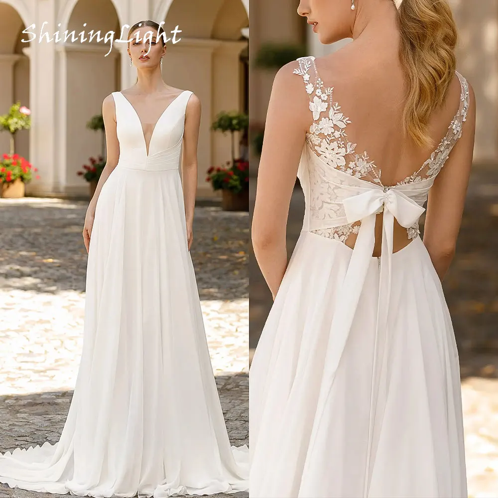 

ShiningLight Vintage Soft Satin A-Line Wedding Dress 2026 Bow Chiffon Lace Boho Bridal Gown V-Neck vestidos de novia Customized