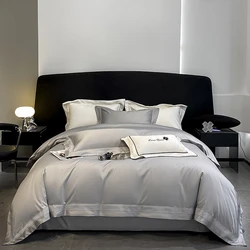 Egyptian Cotton Bedding Set Luxury, Grey Hollow Out Embroidery Duvet Cover, Bed Sheet, Pillowcases, Solid Color Mattress Cover