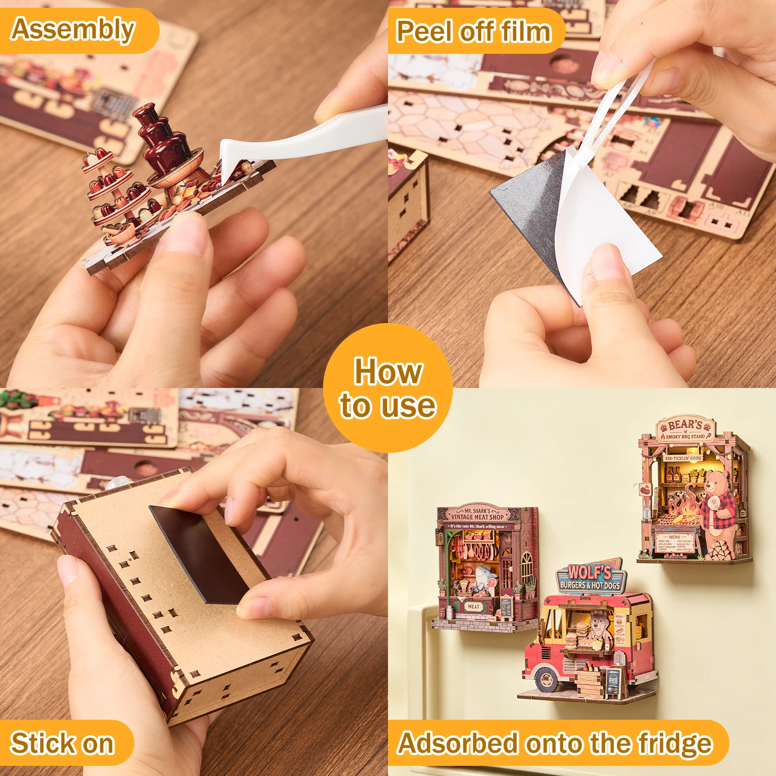 Fridge Magnet DIY 3D Wooden Puzzle Toy Mini House Handmade Animals