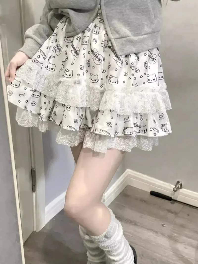 Japanese Y2K Cat Print Mini Skirt WomenSweet Ruffles Lolita Tutu Skirts Summer Lace Patchwork All Match A Line Skirts