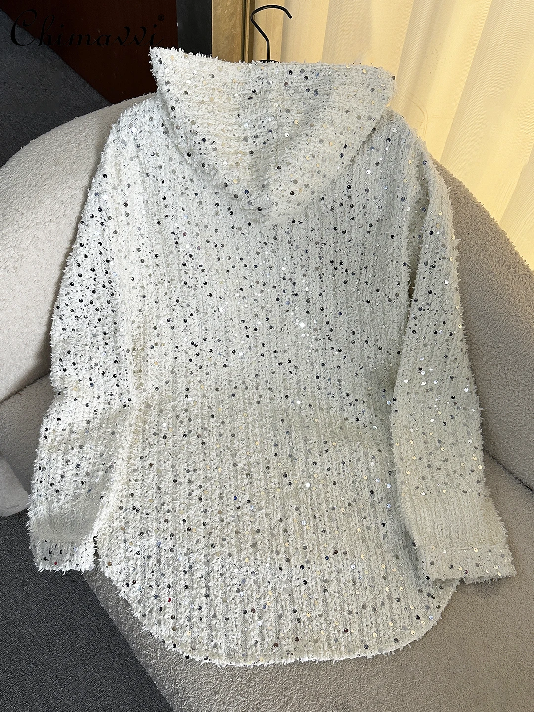 2025 가을 의류 신상 헤비 스팽글 디자인 긴 소매 후드 셔츠 여성용 루즈핏 캐주얼 스트리트웨어 중간 길이 탑