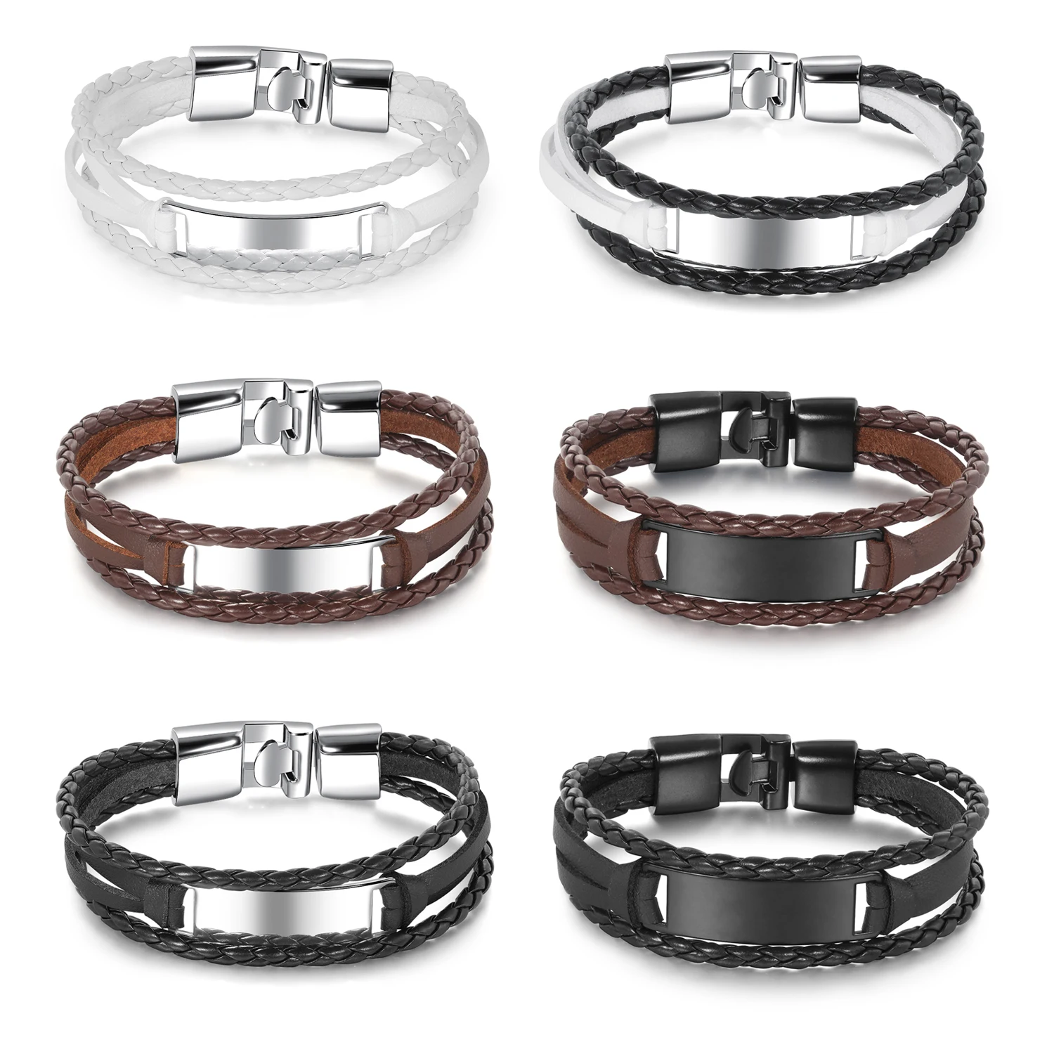 

Men’s Fashion Layered Braided Bracelet – Hip Hop Style Personalized Engraving Leather Wristband, Streetwear Jewelry
