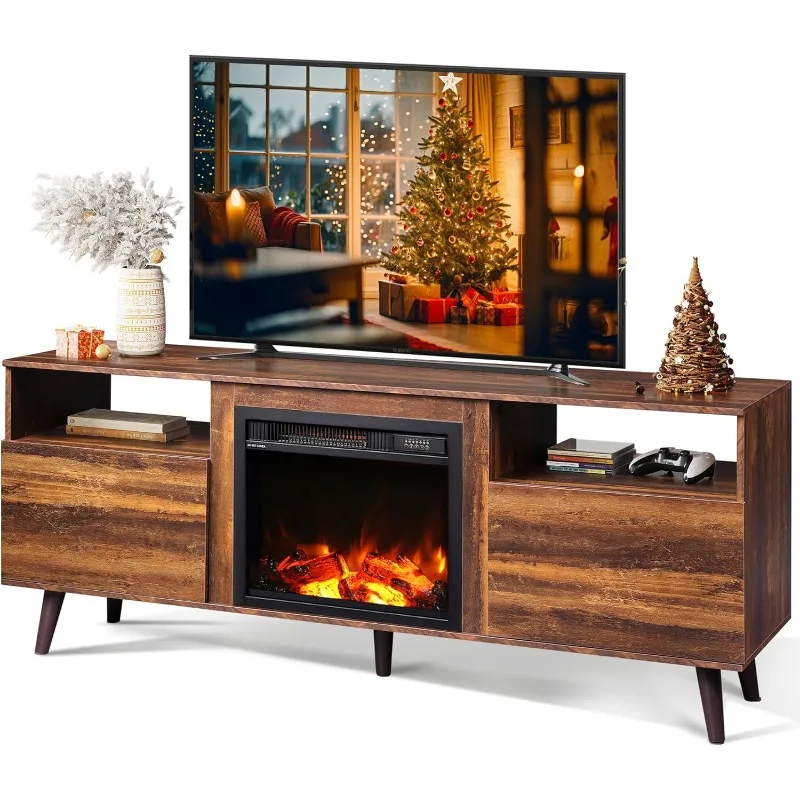 TV Stand for 65 Inch TV, 58 Inch Entertainment Center with 18 Inch Electric Fireplace, Media Console with 2 Storage Cabinets