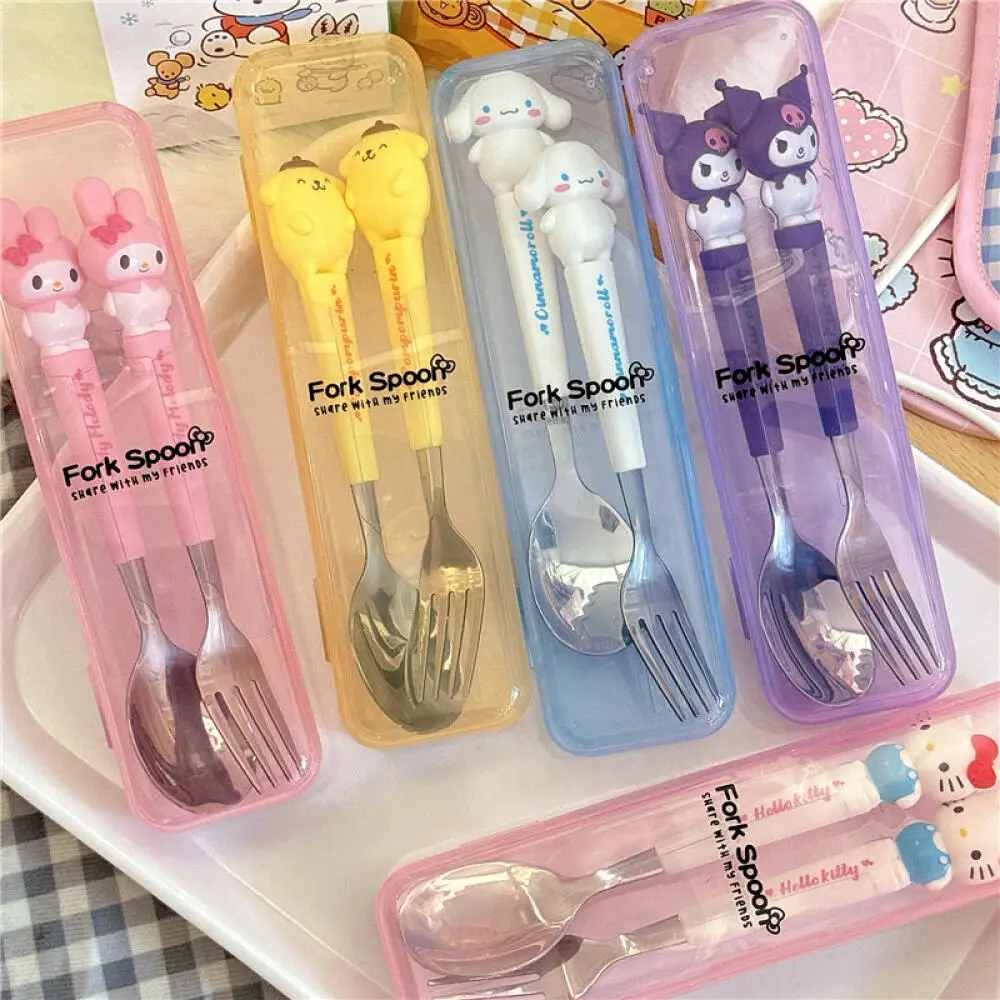 New Sanrio Stainless Steel Portable Tableware Suit Cute Cartoon Kuromi Cinnamoroll Hello Kitty Outdoor Spoon Fork Two-piece Sets