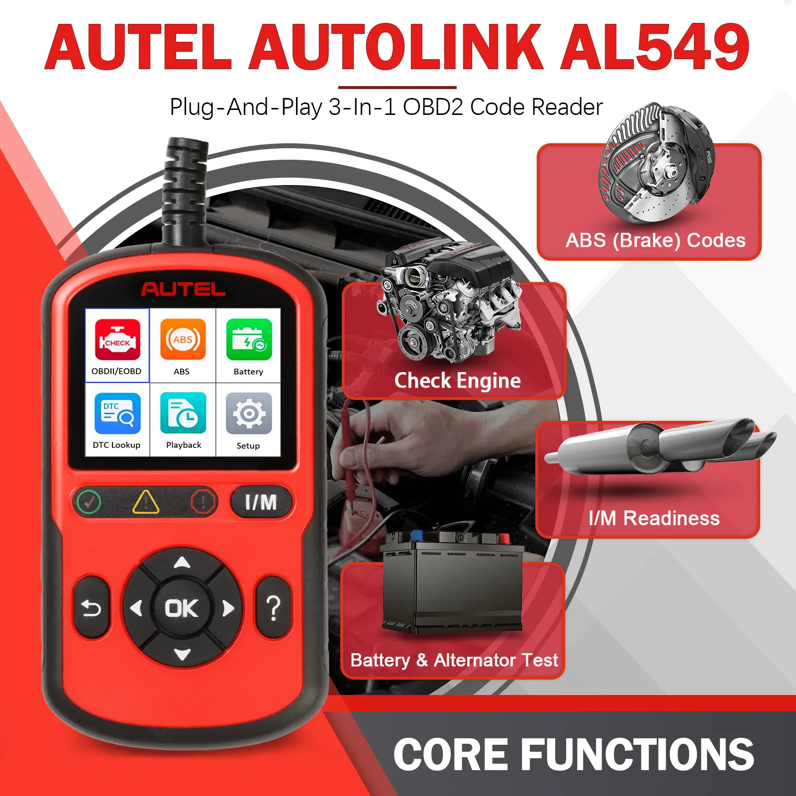 AL549 OBDIl Decoder Efficient ABS Warning Light Engine Reading Erasure Code Analyzer Diagnostic Tools Detector