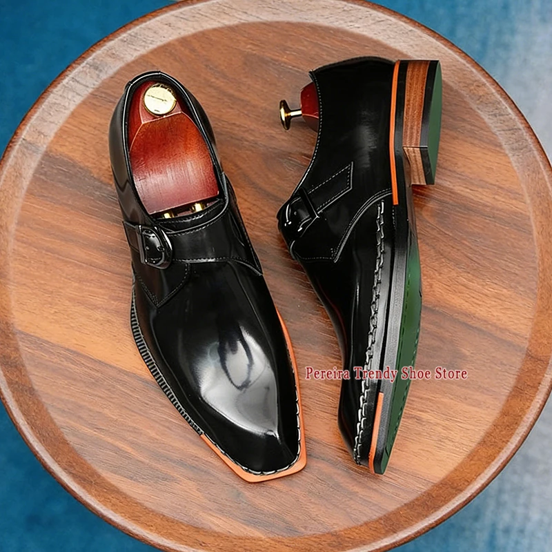 Men's Shiny Leather Business Dress Shoes British Style Square Toe Buckle Derby Shoes Trendy Cowhide Party Wedding Groom's Shoes