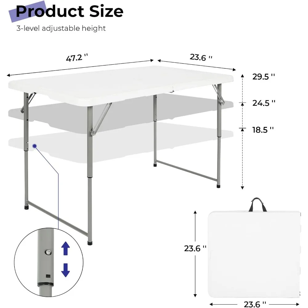 

Складной стол для доставки в США, 4 фута, портативный, сверхпрочный пластиковый универсальный стол для использования в помещении и на улице, регулируемая высота, складывается пополам