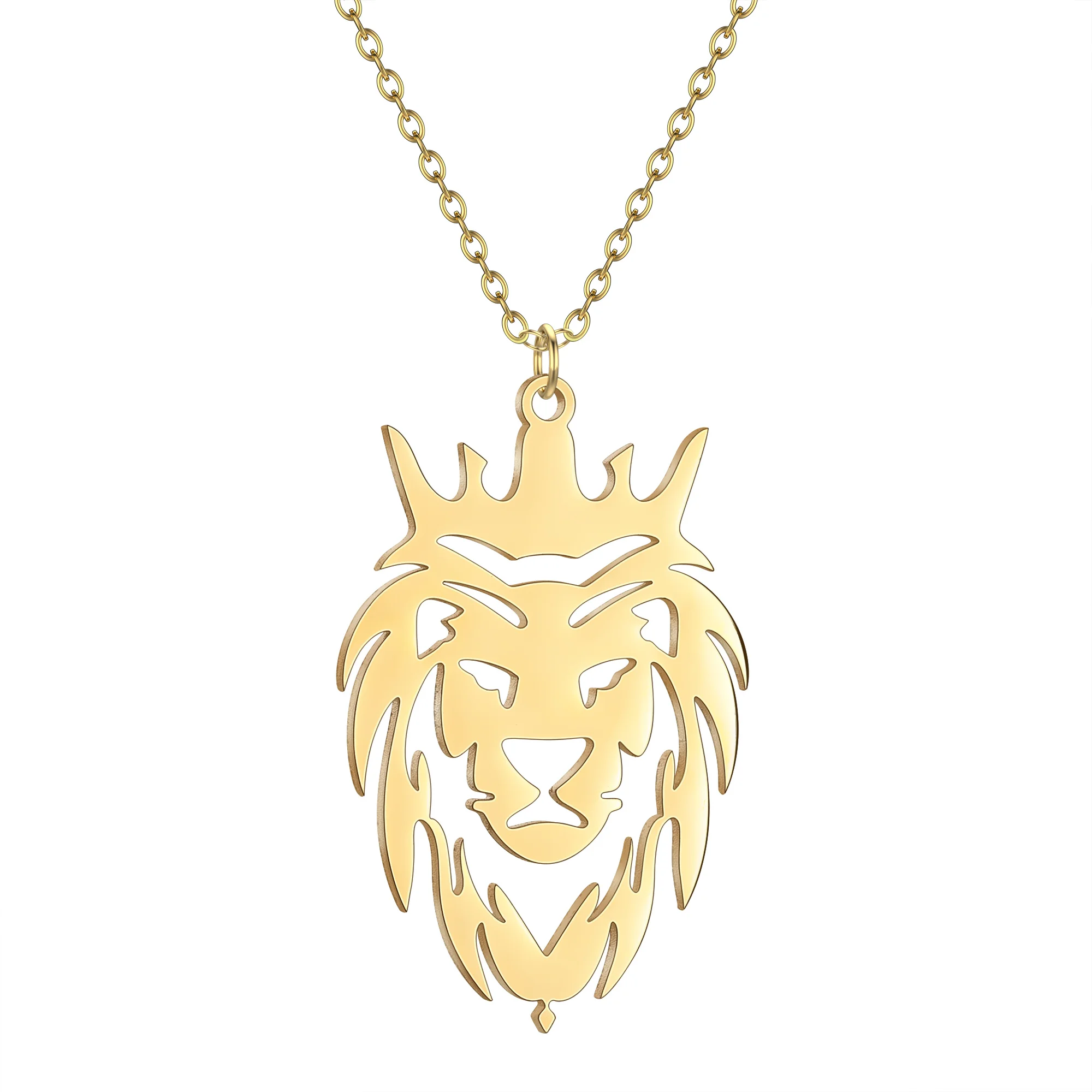 Stainless Steel Lion With King Crown Necklaces Animal Pendant Men's Box Chain Choker Necklace For Women Jewelry Party Men Gifts