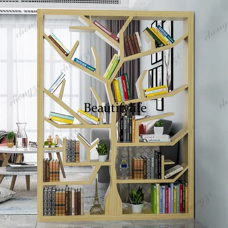 American creative tree bookshelf solid wood floor living room art screen