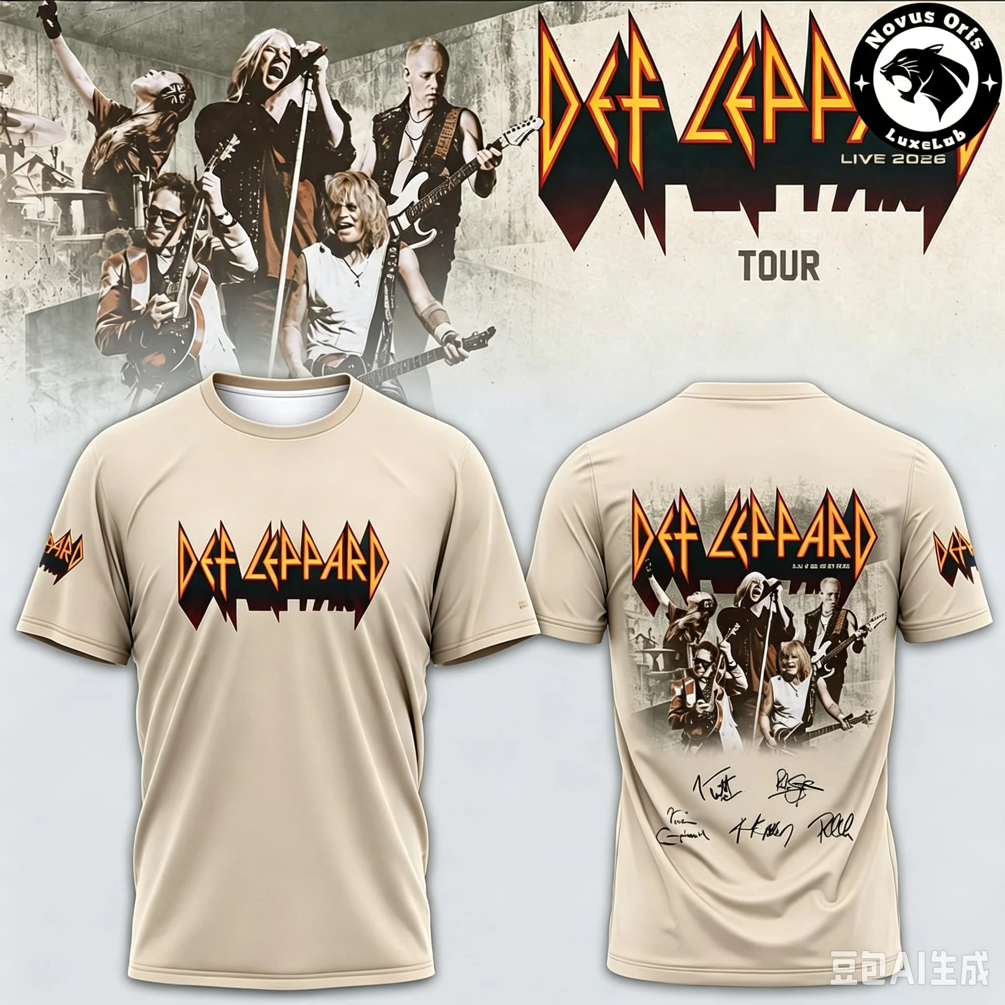 Men Def Leppard Live 2026 Tour T‑Shirt Beige Band Group Portrait Print Short‑Sleeve Hard‑Rock Concert Fan Tops Family Matching