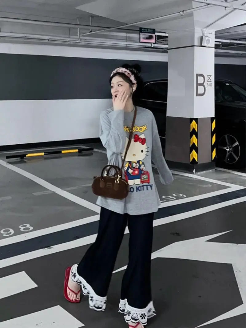 Hot Kawaii Hellokitty Cotton Sweatshirt Girl T-Shirt Cute Cartoon Loose Long-Sleeved Couple Wear Casual Versatile Tops Home Wear