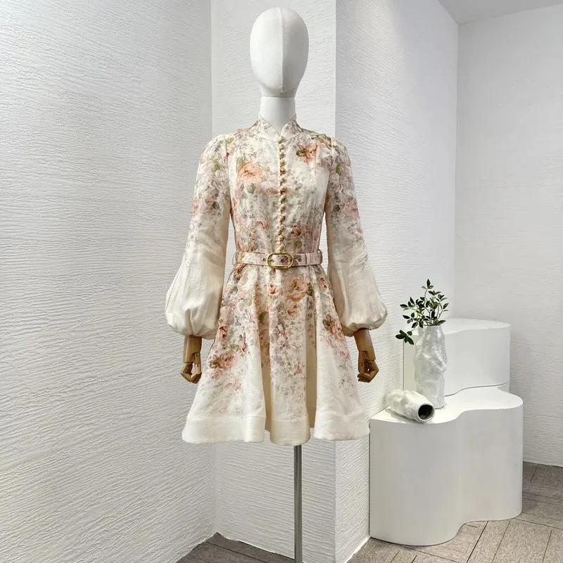 Mini abito da donna Re-tro A con cintura e maniche a lanterna con stampa floreale di alta qualità in puro lino 2025