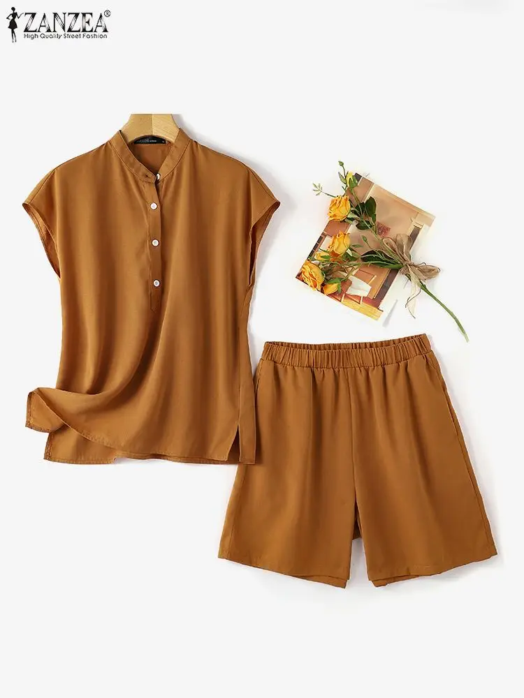 Summer Tracksuits Fashion Women Matching Sets Vintage Short Sleeve Blouse Short Sets 2024 ZANZEA 2PCS Casual Loose Trouser Suits