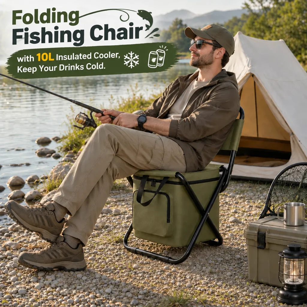 Portable Folding 10L Built in Thermal Insulated Cooler Chair with Backrest & Storage Pocket for Fishing Camping Beach  Outdoor T