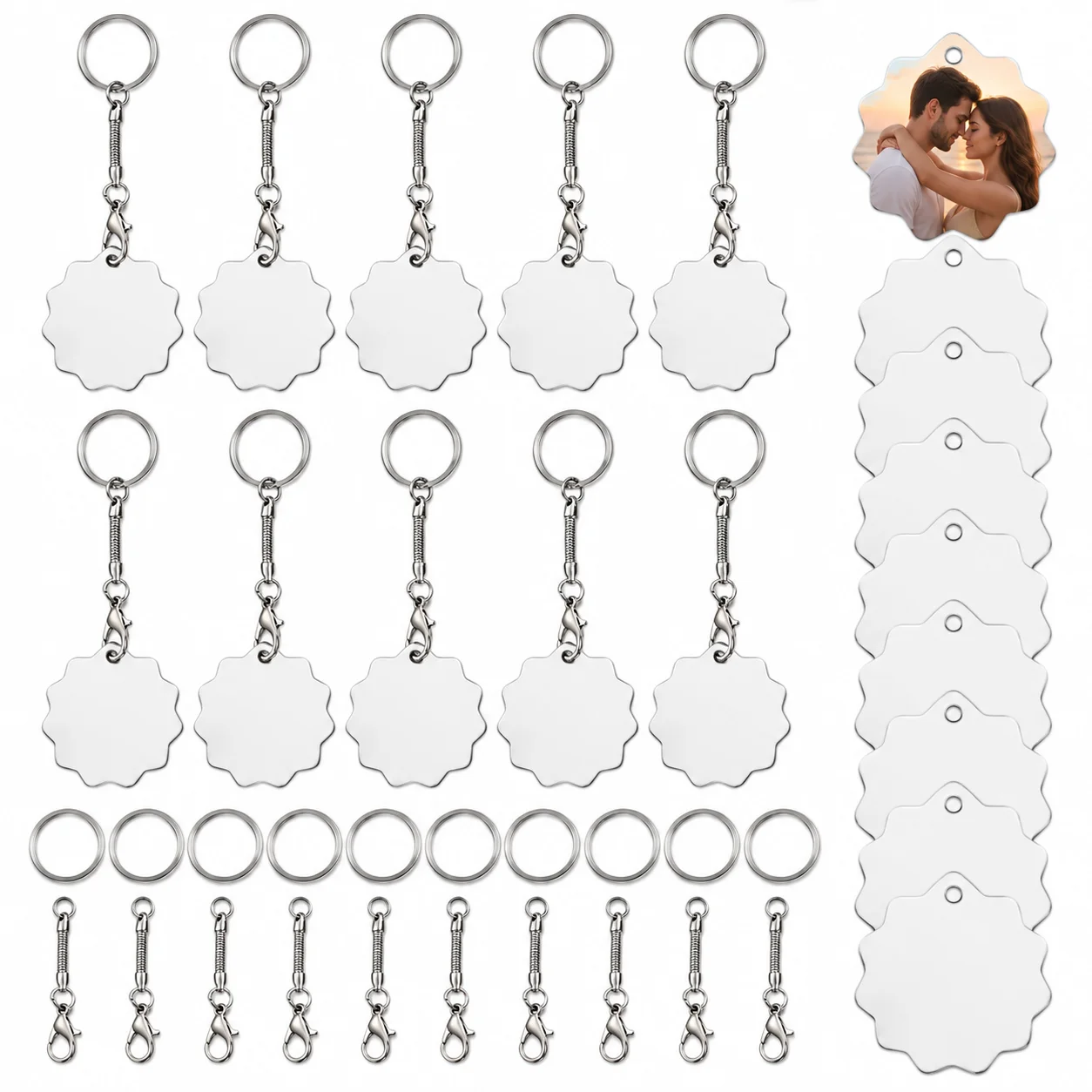 1/10Pcs Scalloped Flower Sublimation Metal Keychains Blank Heat Transfer Key Rings DIY Photo Craft Ornament with Key Hardware