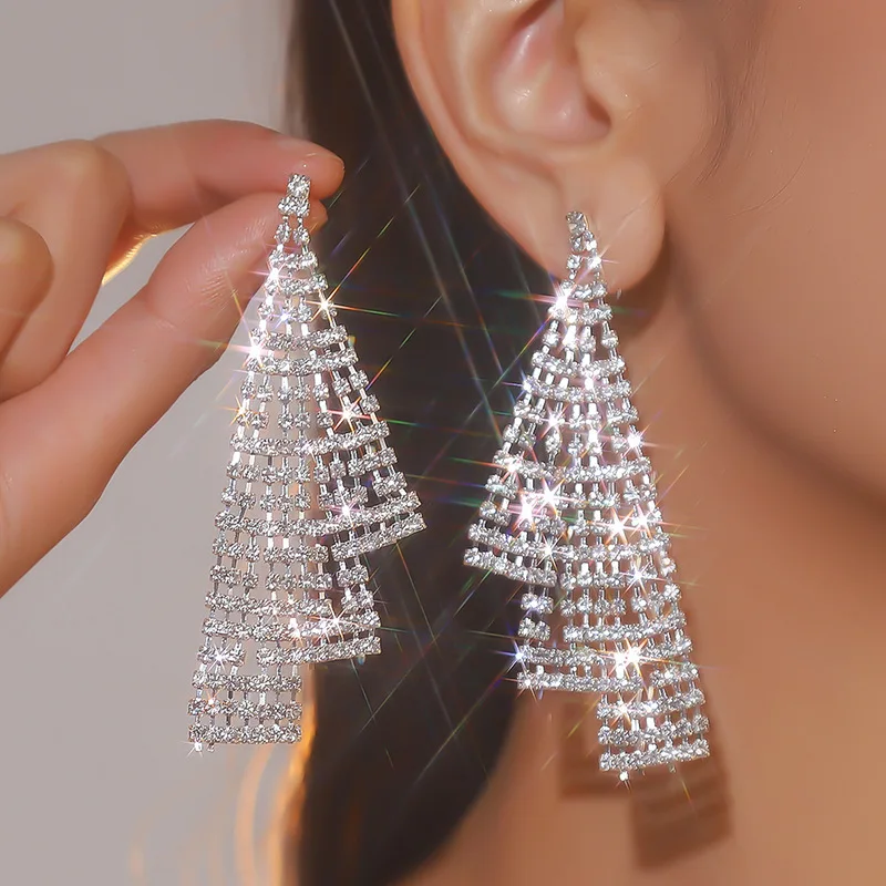 HOYON Fashion Luxury s925 Silver Color Long Tassel Women\'s Earrings Wedding Jewelry Exaggerated Full Diamond Geometry Earrings