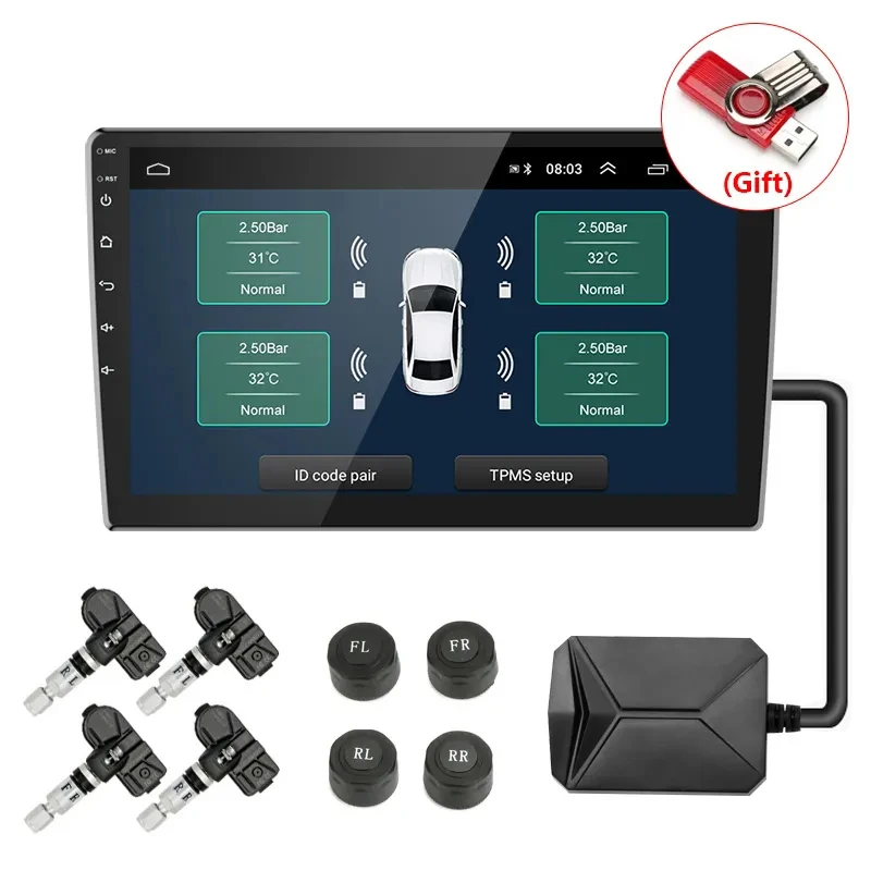 TPMS for Car Android Navigation Player USB Car Tire Pressure Alarm Monitor System with 4 Sensors 5V Wireless Transmission