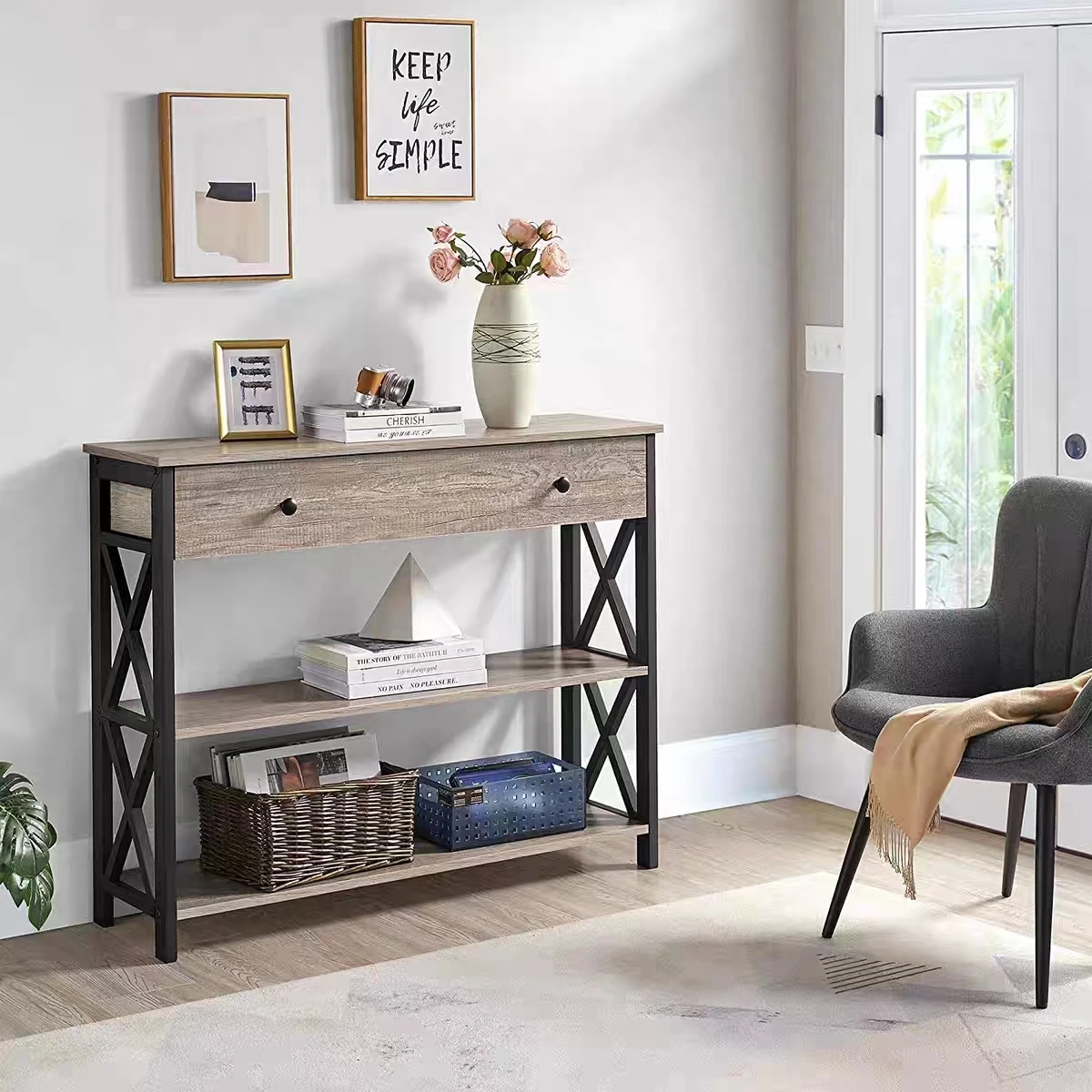39.5 Inch Retro American Rural Style Console   with Drawers Metal Storage Cabinet Porch Entrance   for Home Living Room