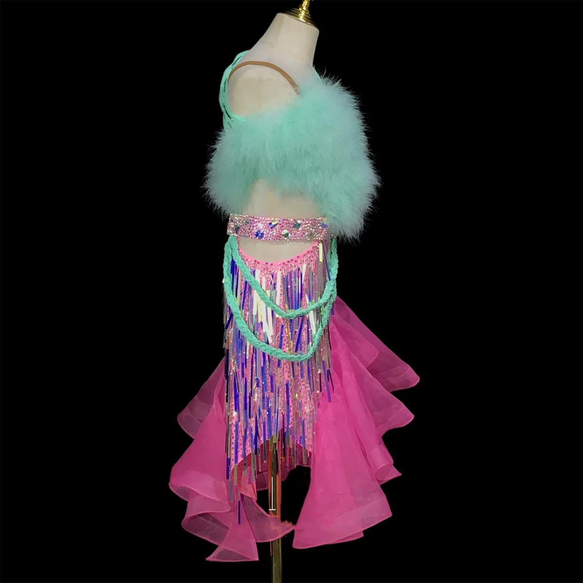 Latin Dance AB Stone Female Adult Children High-End Customized Contrasting Sequins Tassel Tango Team Performance Dress