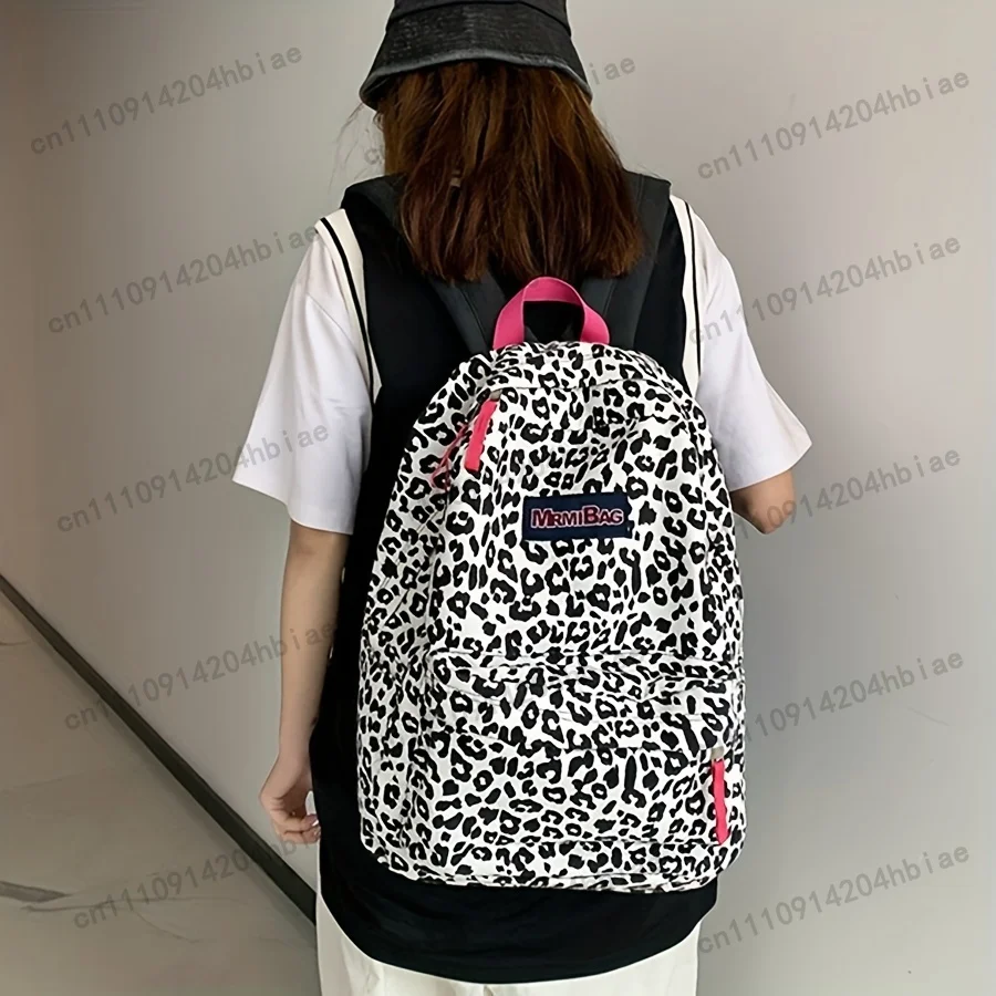 Leopard Print Backpack Korean Harajuku Niche College Student Easy High School Large Capacity Lightweight Backpack Women'S Bag