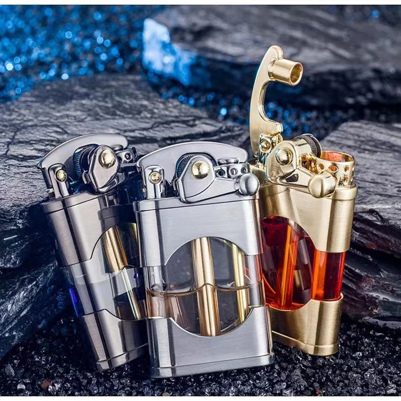 ZORRO Brass Swing Arm One Click Launch Ignition Open Flame Windproof Kerosene Lighter Transparent Oil Tank Lighters Smoking Gift