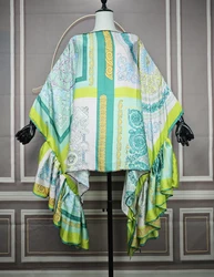 Muslim Women Summer Fashion Lemon Green Silk Printed Loose Ruffle Sleeve Blouse African Women Outlet Desiger Blogger Tops