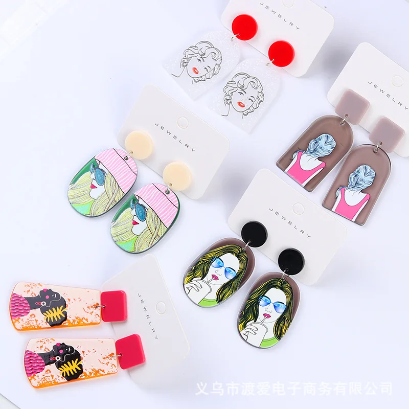 Modern personality fashion printing beautiful woman avatar earrings contrast color simple acrylic stud earrings ear jewelry wome
