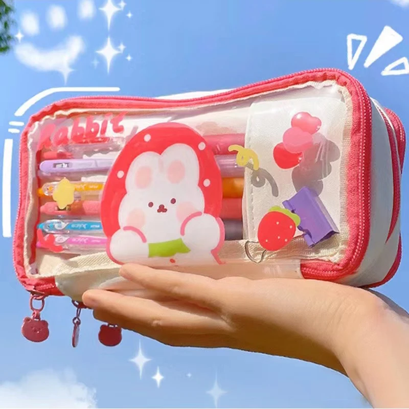 Large Capacity Transparent Pencil Case 2022 New 3 Layers Portable Cartoon Bear Pen Pencil Bags Kawaii Stationery School Supplies